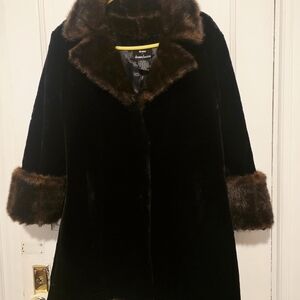dennis basso Black Coat with Brown Faux-Fur Trim